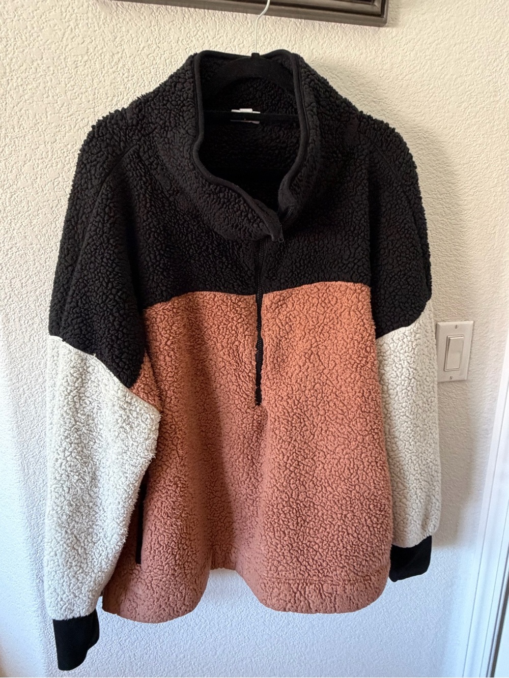 LuLaRoe Colorblock Sherpa Pullover - Black, Rust, Cream